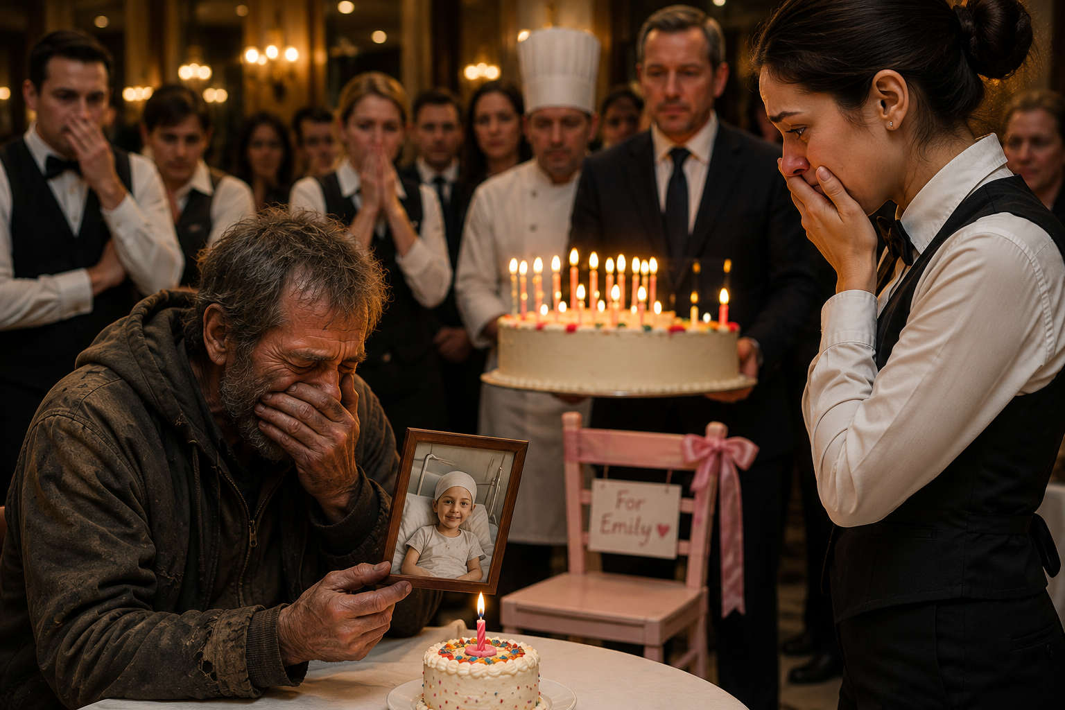 A homeless man walked into a luxury restaurant holding a tiny birthday cake and an old photograph.