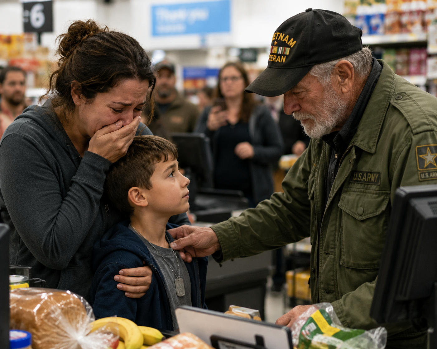 The Veteran Paid For A Struggling Mother’s Groceries… Then He Saw The Necklace Around Her Son’s Neck