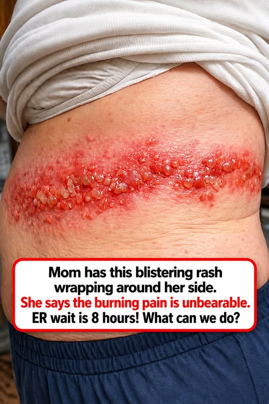 Mom has this blistering rash wrapping around her side. She says the burning pain is unbearable. ER wait is 8 hours! What can we do?
